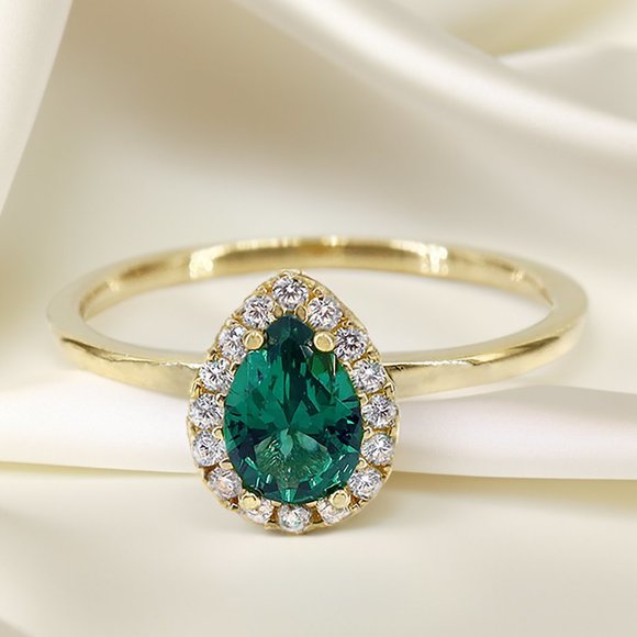 Genuine 10KT Yellow Gold Ring, Size 7, Green CZ Stone 4x5mm, Elegant 1.5mm Band - Picture 3 of 5